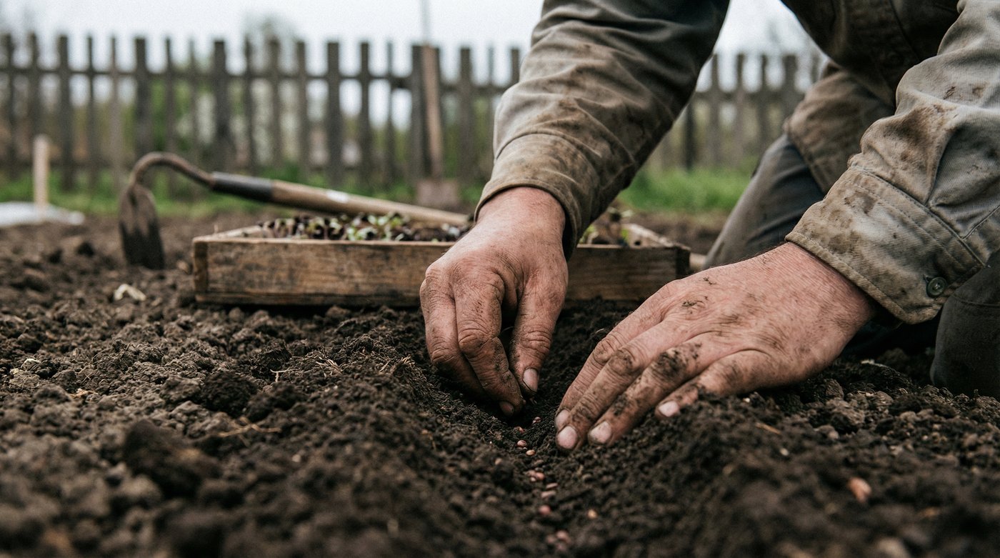 Weathered hands planting heirloom seeds in dark garden soil on a homestead