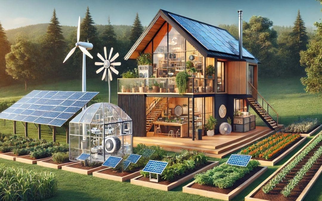 Modern off-grid homestead with solar panels, wind turbine, and sustainable technology