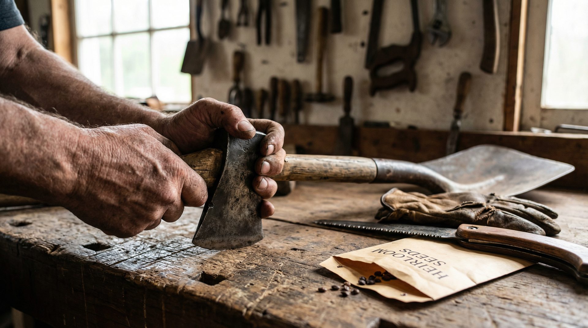 Homesteader's tools — axe, shovel, seeds on a workbench