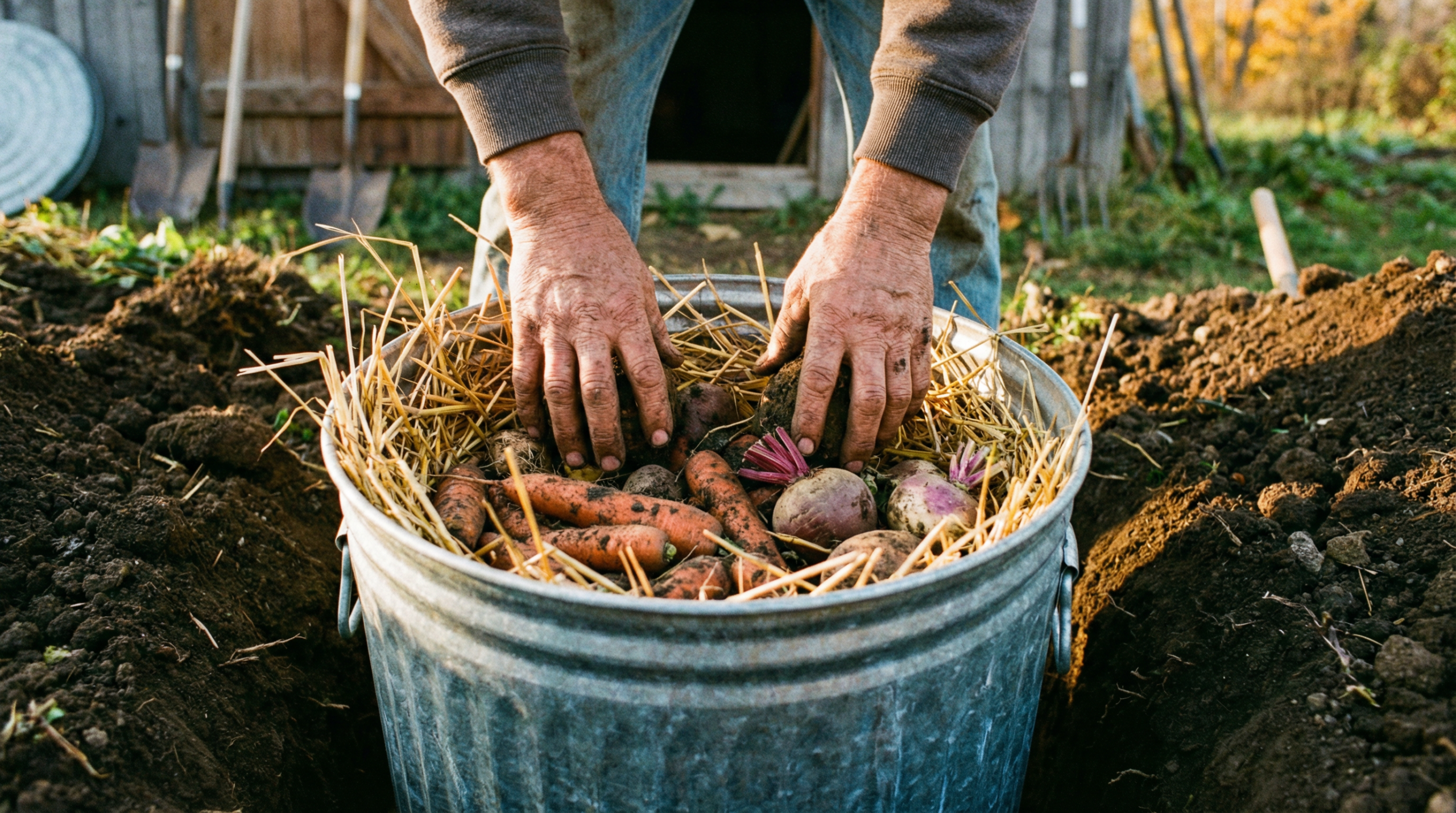 Homesteader packing root vegetables into a buried garbage can root cellar
