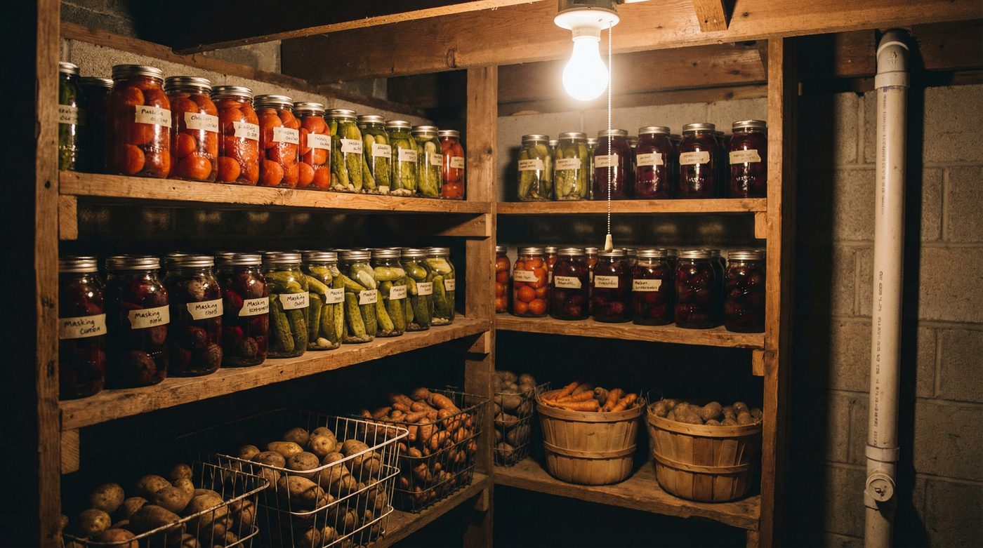 Inside a basement root cellar with wooden shelves lined with mason jars and baskets of root vegetables