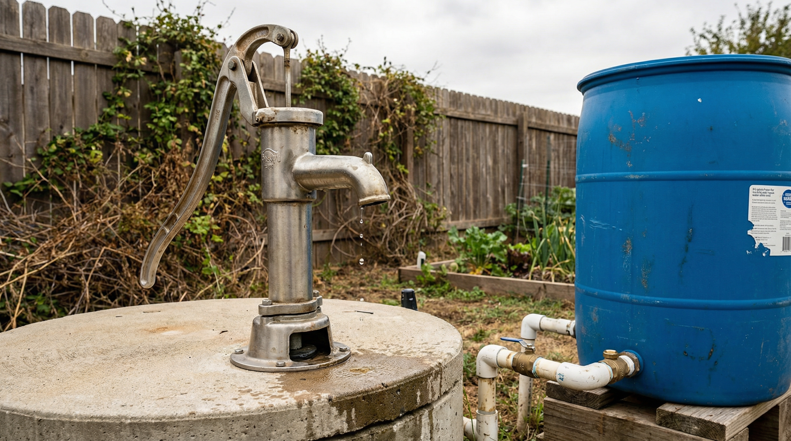 Manual hand pump installed next to well casing with blue water storage barrel