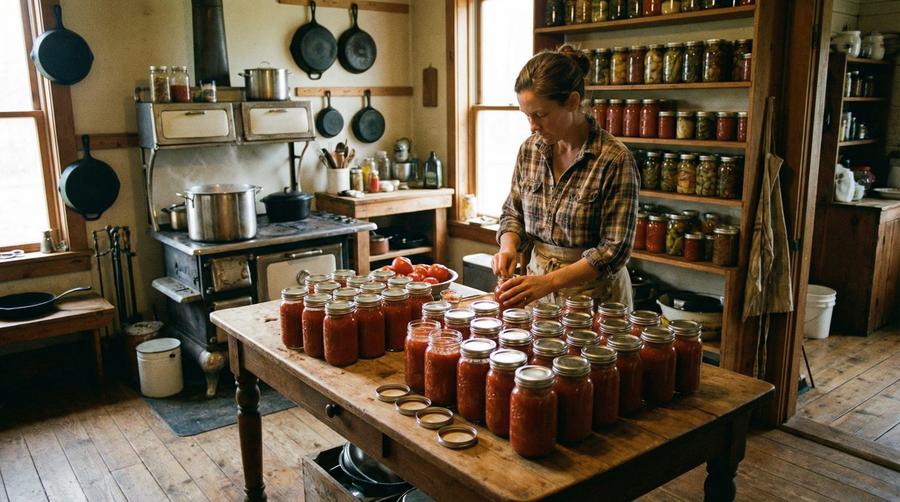 Homesteader woman canning tomatoes with full pantry of preserved food jars