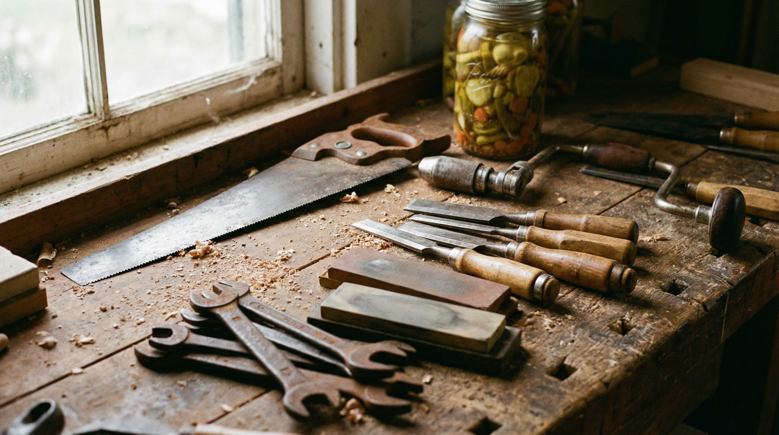 Homestead hand tools on a workbench — hand saw, chisels, wrenches, and mason jar