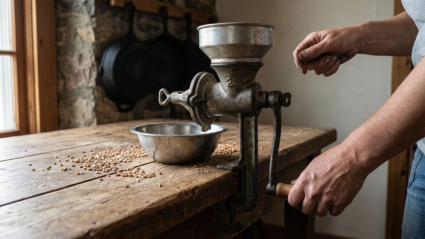 Hand-crank grain mill on a rustic farmhouse table — a key tool for homestead food independence