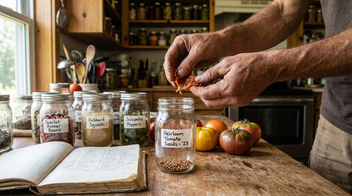 Homesteader saving heirloom tomato seeds into labeled mason jars on a rustic kitchen table
