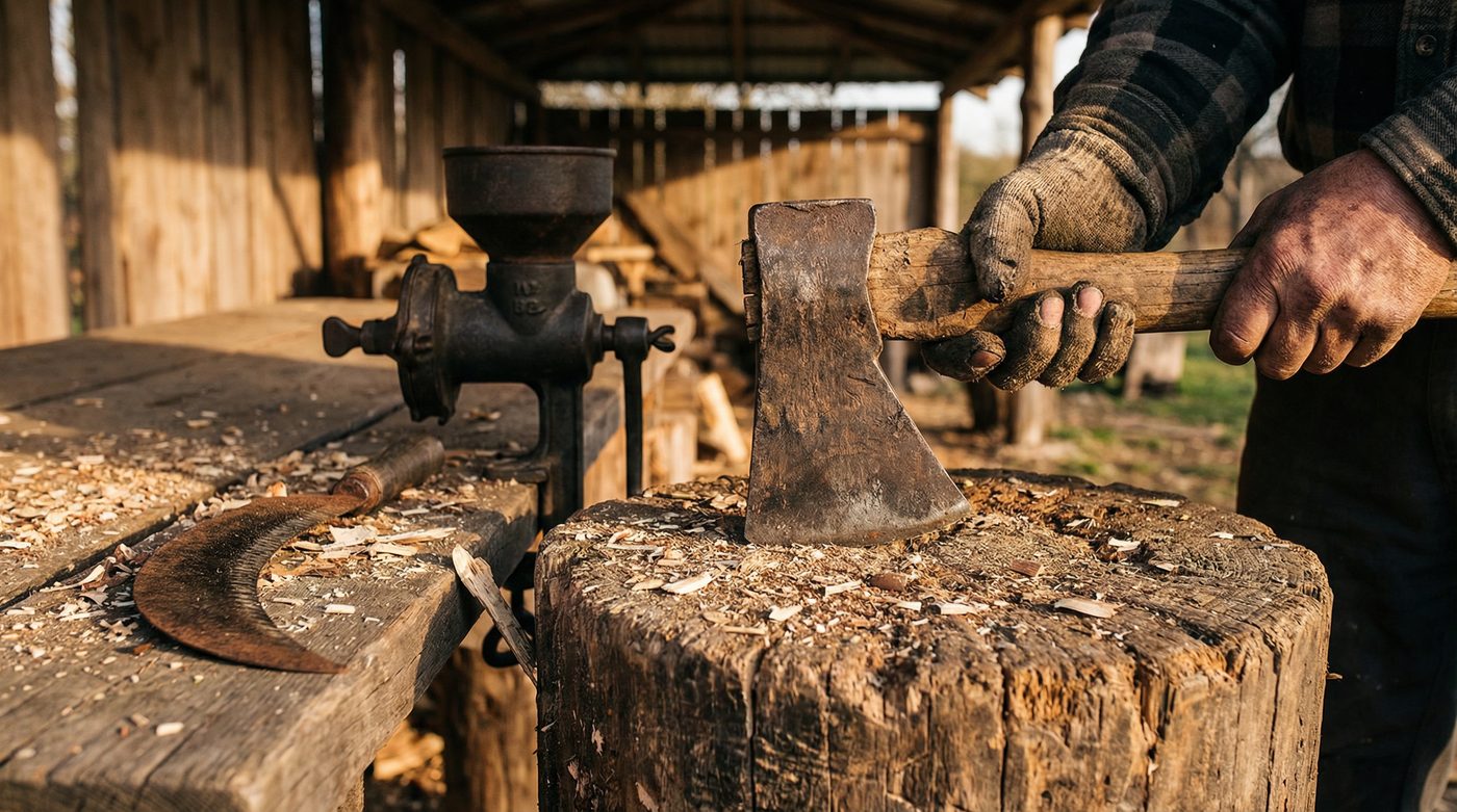 A homesteader grips an axe beside a cast-iron grain mill on a chopping block — the tools of self-reliance