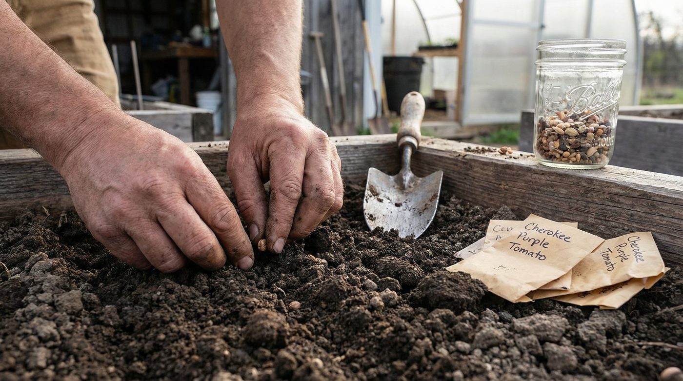 Homesteader planting heirloom seeds in a raised garden bed with seed packets and a mason jar of saved seeds