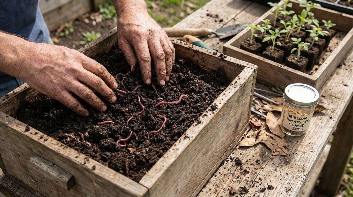 Hands working in a vermicomposting bin with red wiggler worms