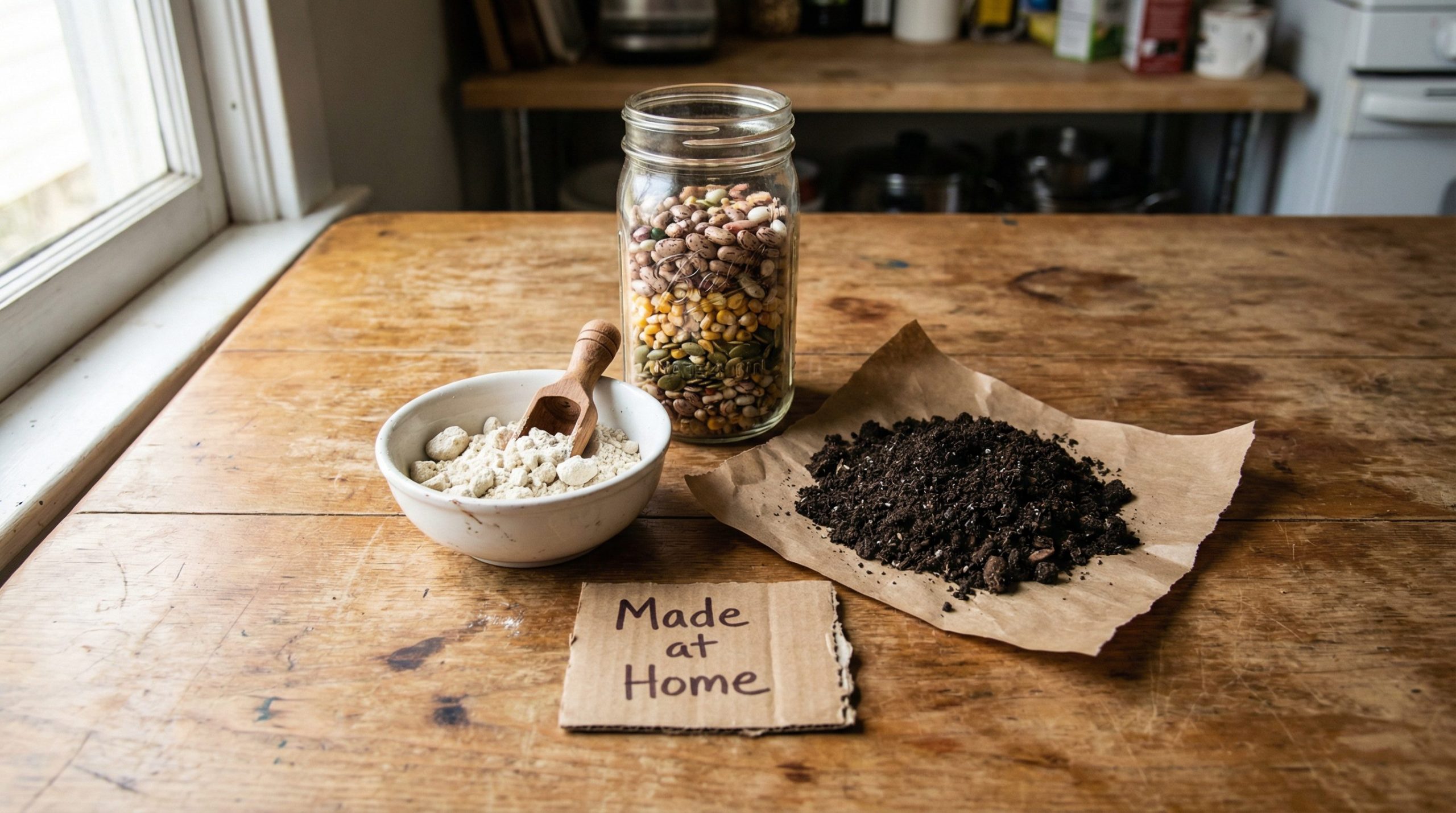 Heirloom seeds, homemade laundry detergent powder, compost soil, and a Made at Home label on a rustic wooden kitchen table