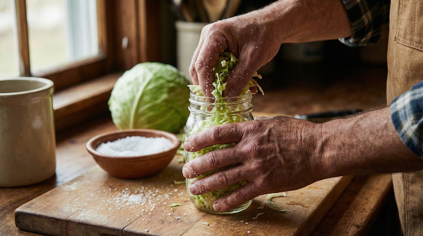 Hands packing shredded cabbage into a mason jar for sauerkraut fermentation on a homestead kitchen counter