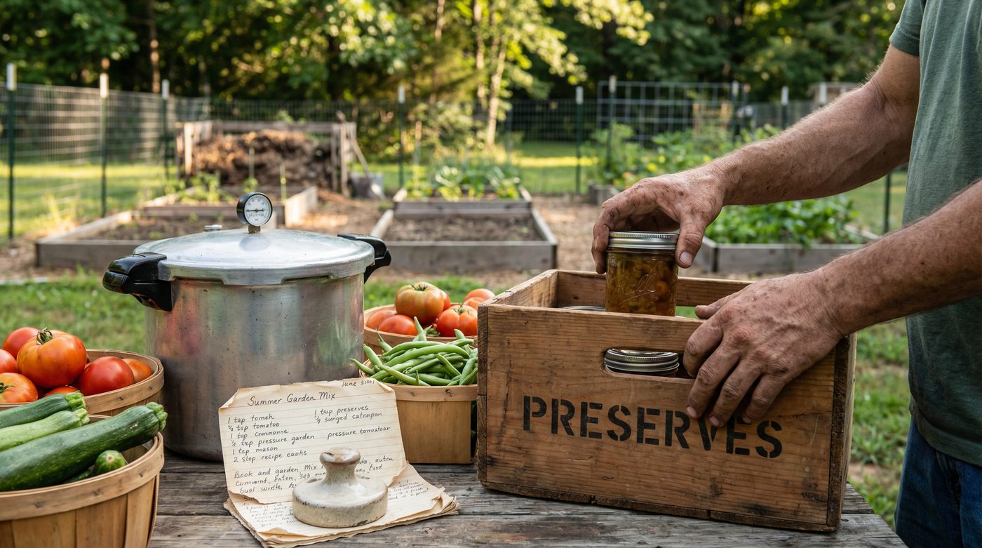 Hands placing canned preserves into a wooden crate beside a pressure canner and garden vegetables