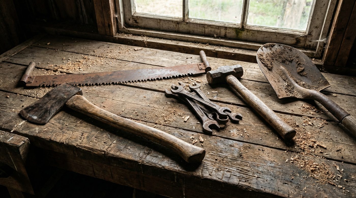 Authentic homestead hand tools including axe, crosscut saw, wrenches, hammer, and shovel laid out on a worn wooden workbench