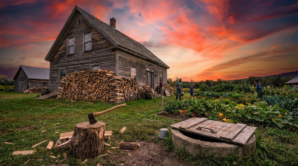 Working American homestead at golden hour with axe, wood pile, garden, and well