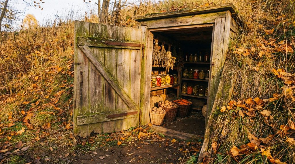 A weathered root cellar door built into a hillside, filled with preserved vegetables and jars
