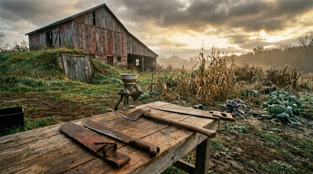 Weathered homestead workbench with hand tools — machete, saw, and grain mill