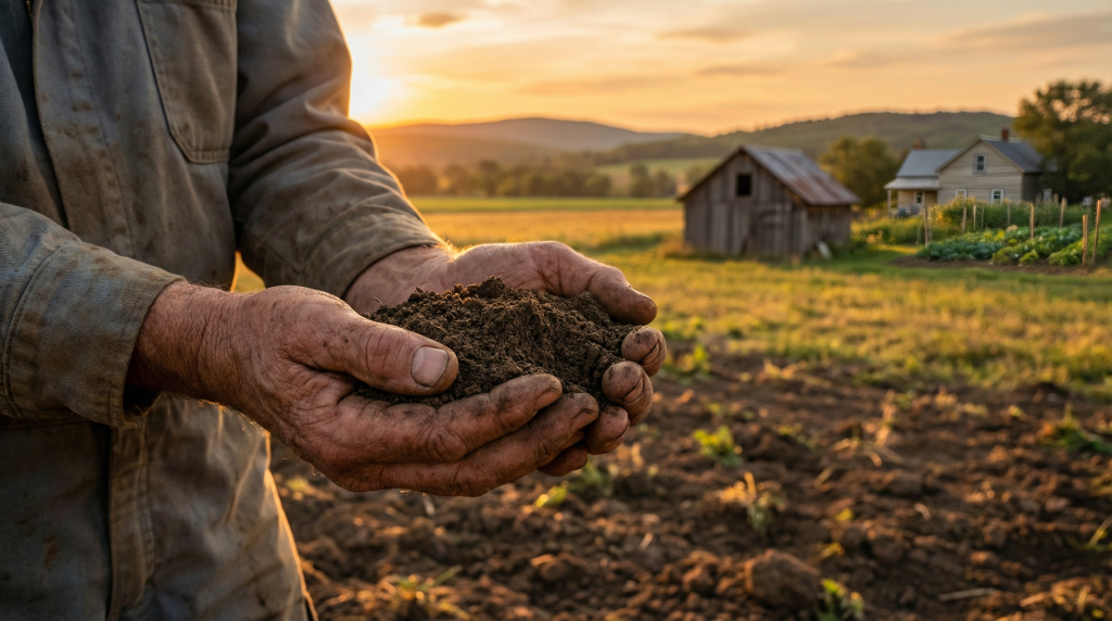 Weathered hands holding rich soil with a homestead farmhouse at golden hour — real wealth is the land under your feet