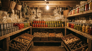 A well-stocked root cellar with mason jars and wooden crates of root vegetables