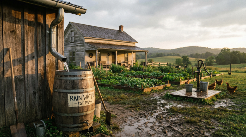 Homestead rain barrel and hand pump water system at golden hour — water independence