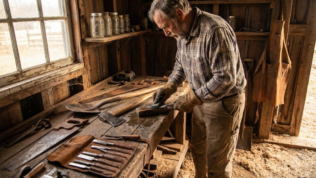 Homesteader sharpening an axe in a rustic workshop — building tool sovereignty