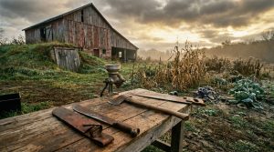Weathered homestead workbench with hand tools — machete, saw, and grain mill