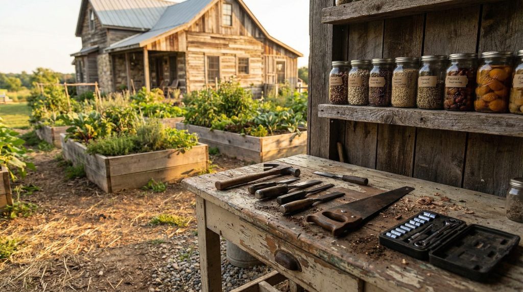 Homestead workbench with hand tools, raised garden beds, and mason jars of preserved food