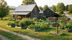 Self-sufficient homestead with raised garden beds, hand pump well, and firewood stacks