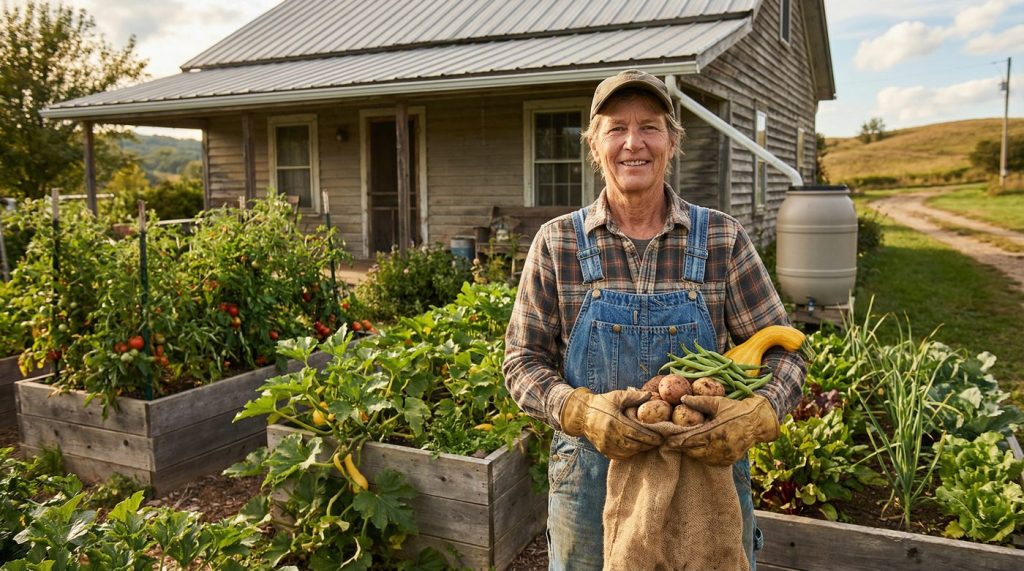 Homesteader with harvested vegetables in front of raised garden beds and farmhouse — real wealth is what you can grow