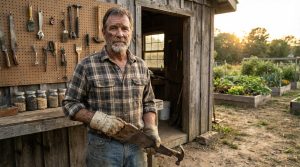 A homesteader standing in front of his tool shed with hand tools, seed jars, and a productive raised-bed garden in the background
