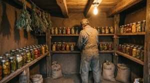 Homesteader standing in a well-stocked root cellar with mason jars and grain sacks