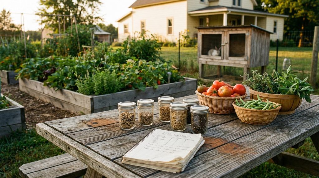 Homestead table with heirloom seed jars, raised bed garden, and rabbit hutch at golden hour