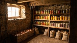 Rustic root cellar with mason jars, rice and beans — homestead food sovereignty
