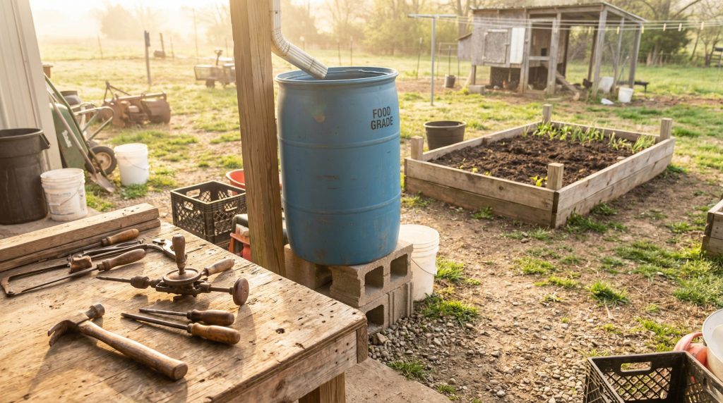 DIY homestead workbench with rainwater collection barrel on cinder blocks and raised garden bed