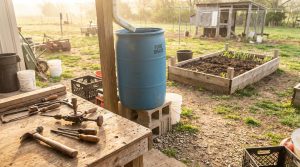 DIY homestead workbench with rainwater collection barrel on cinder blocks and raised garden bed