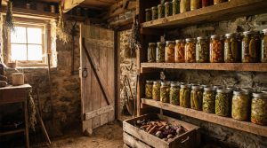 Rustic homestead pantry with shelves full of mason jars, preserved vegetables, and a wooden crate of root vegetables — food preservation for economic sovereignty