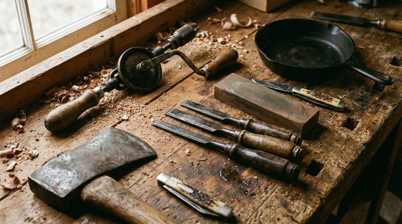 Essential homestead hand tools laid out on a weathered wooden workbench