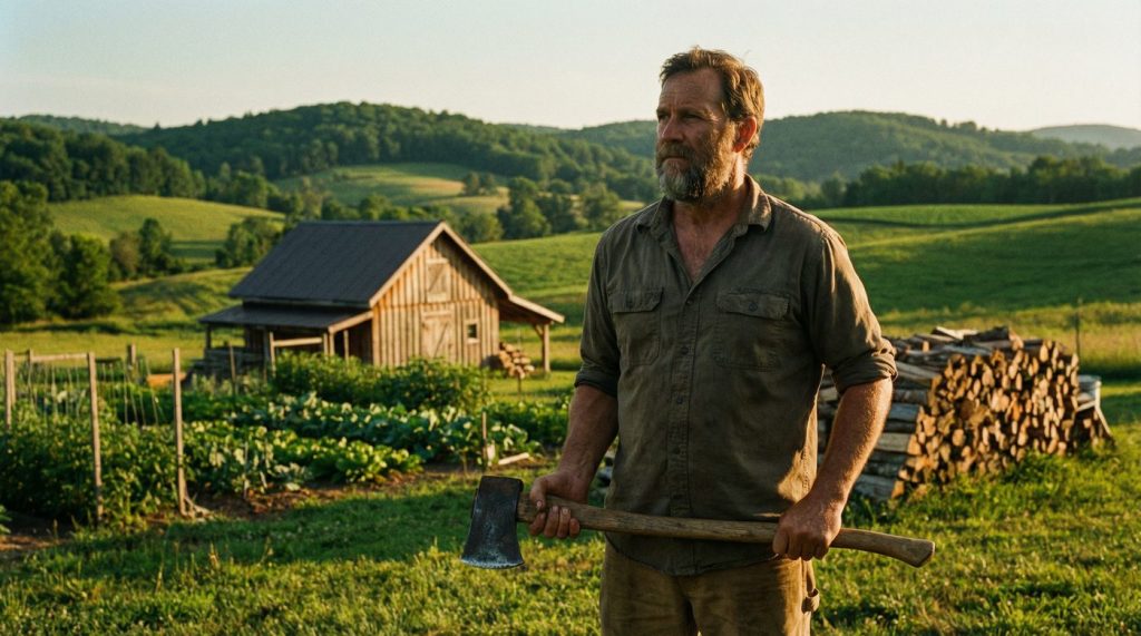 Homesteader standing on his land holding an axe at golden hour, with vegetable garden and barn in background