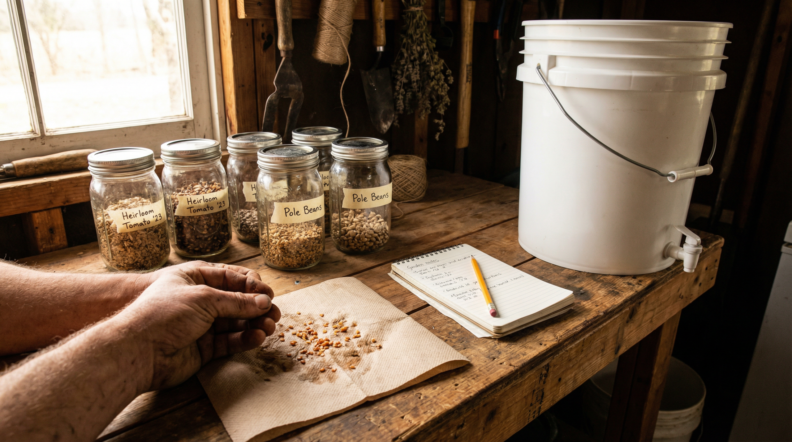Homesteader saving heirloom seeds and building a DIY gravity water filter on a rustic workbench