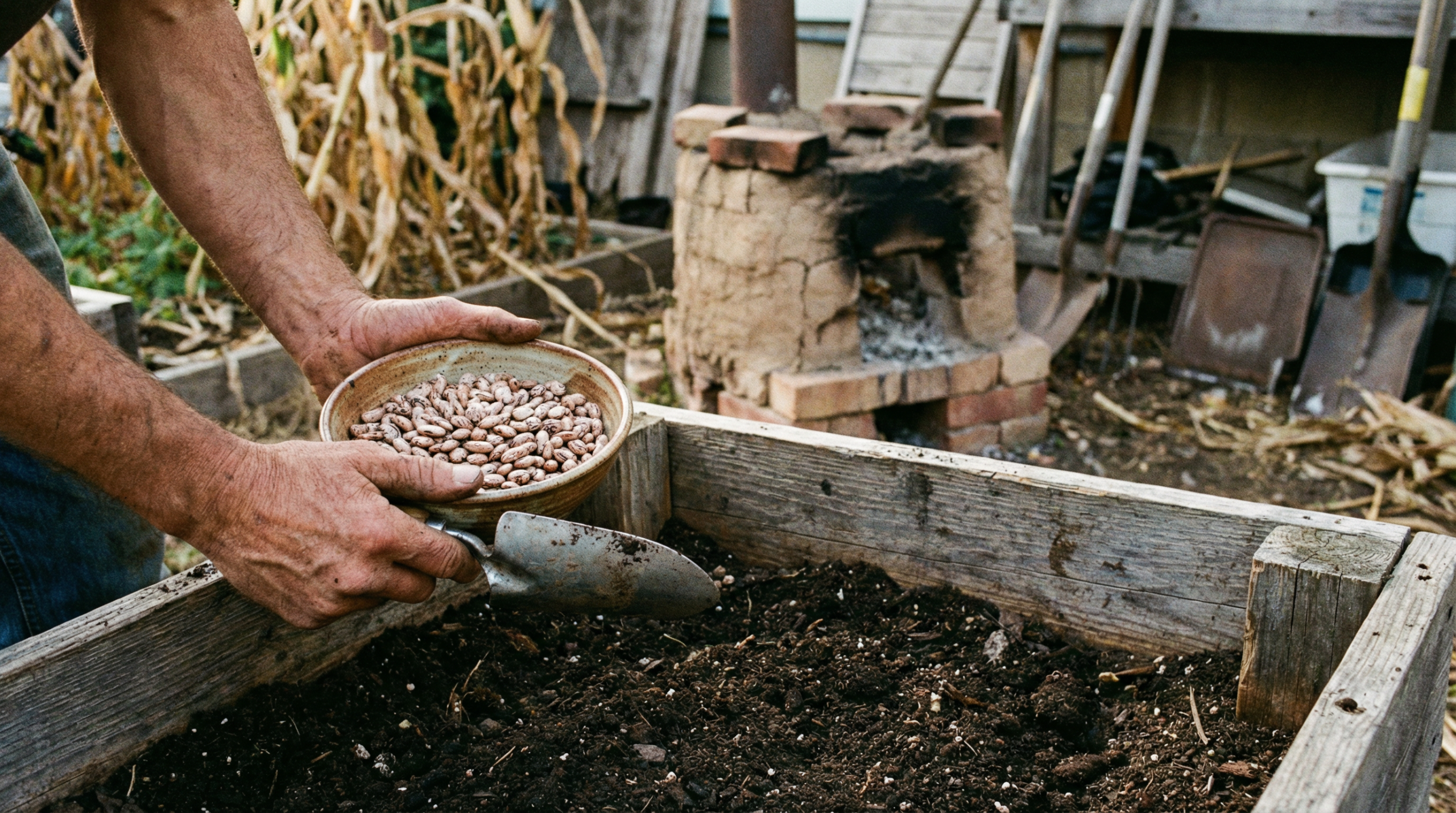 Homesteader hands with dry beans over a raised bed and clay rocket stove