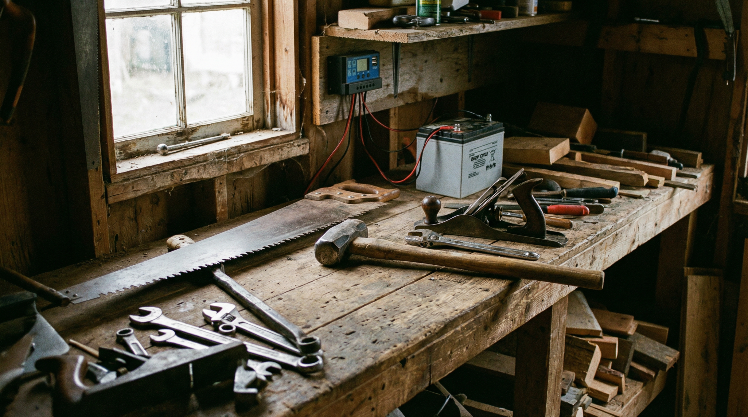 Homestead workshop with hand tools, crosscut saw, and solar charge controller — the tools of self-reliance