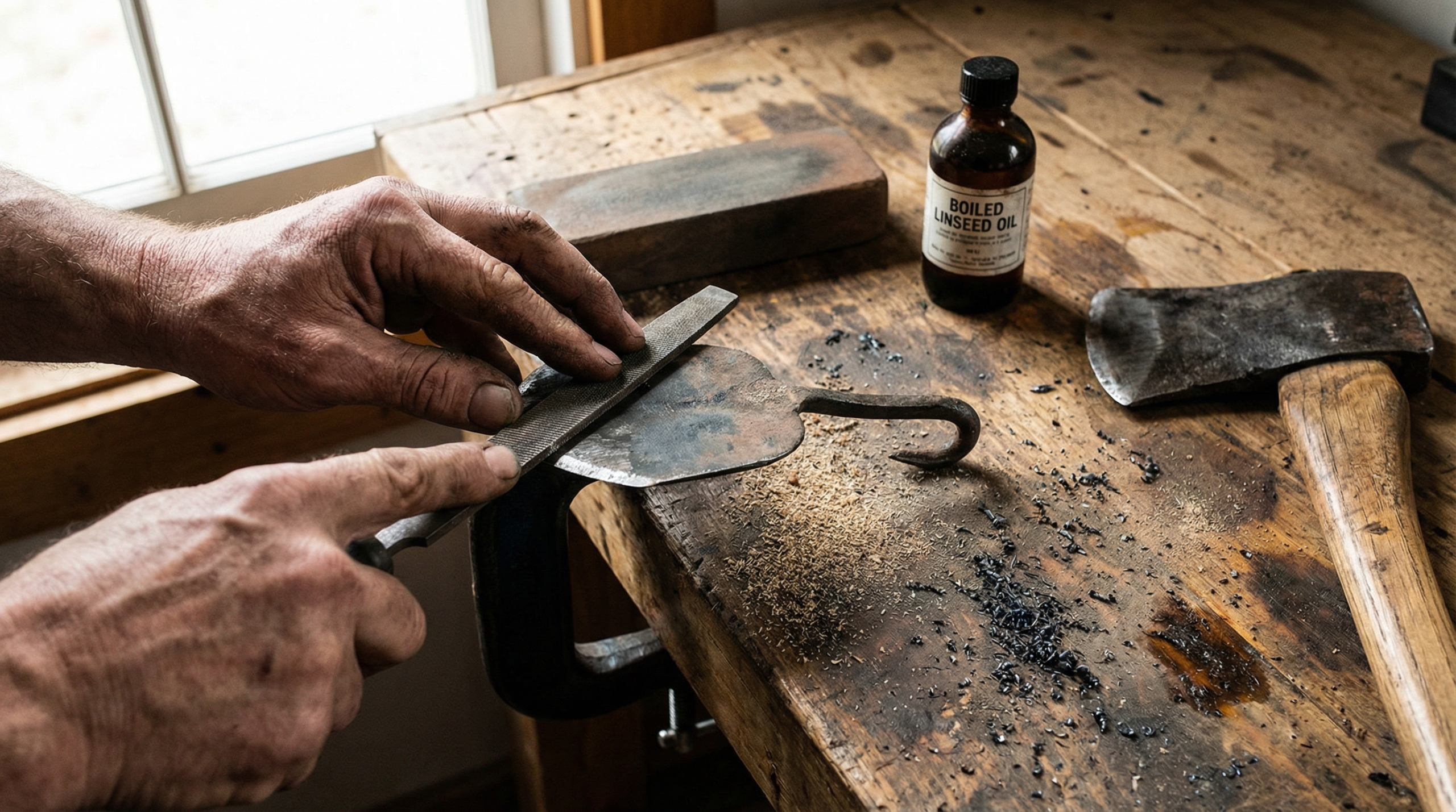 Homesteader sharpening garden tools on a wooden workbench — axe, hoe blade, boiled linseed oil