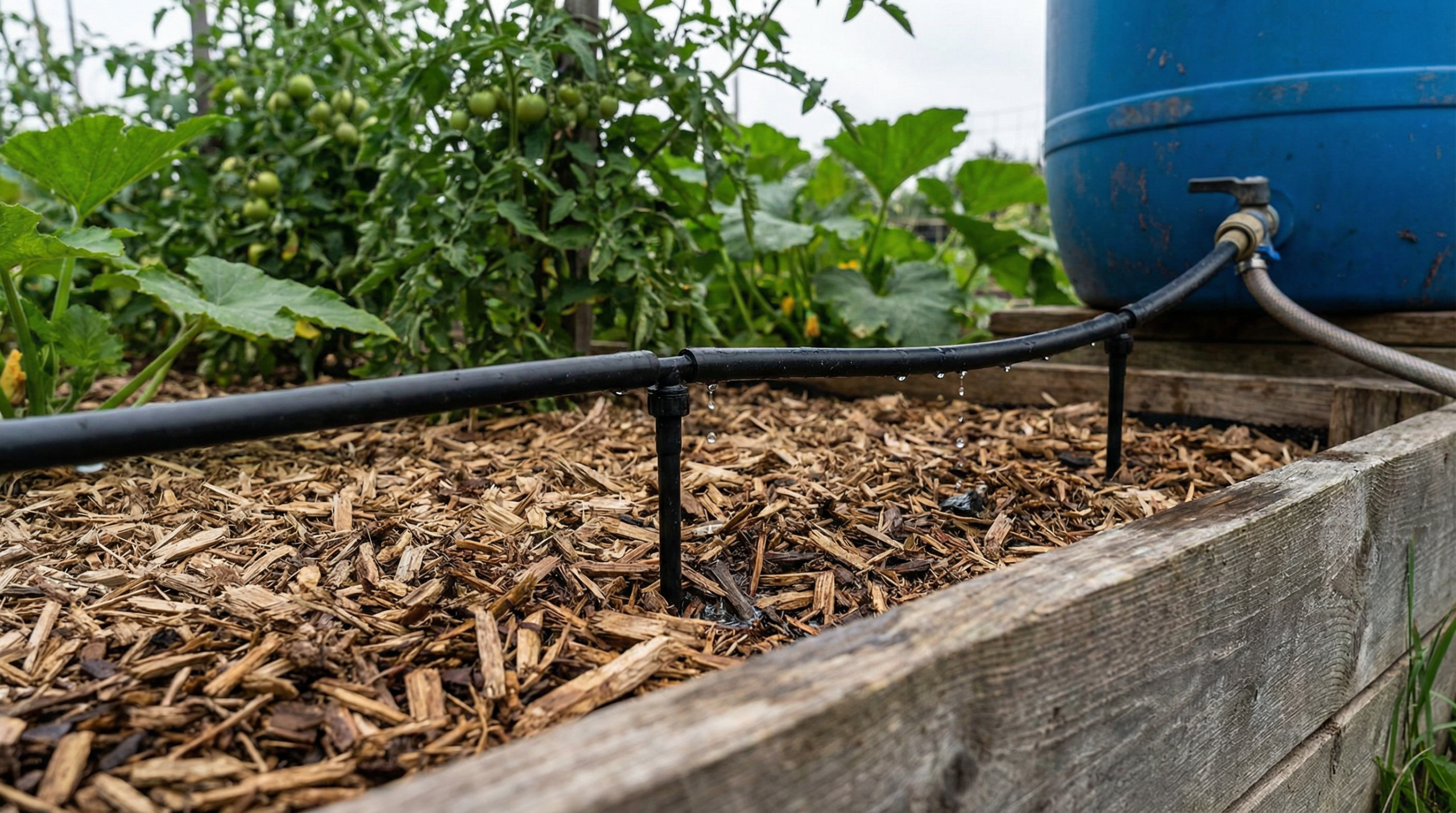 DIY drip irrigation system with wood chip mulch and rain barrel in a real homestead garden