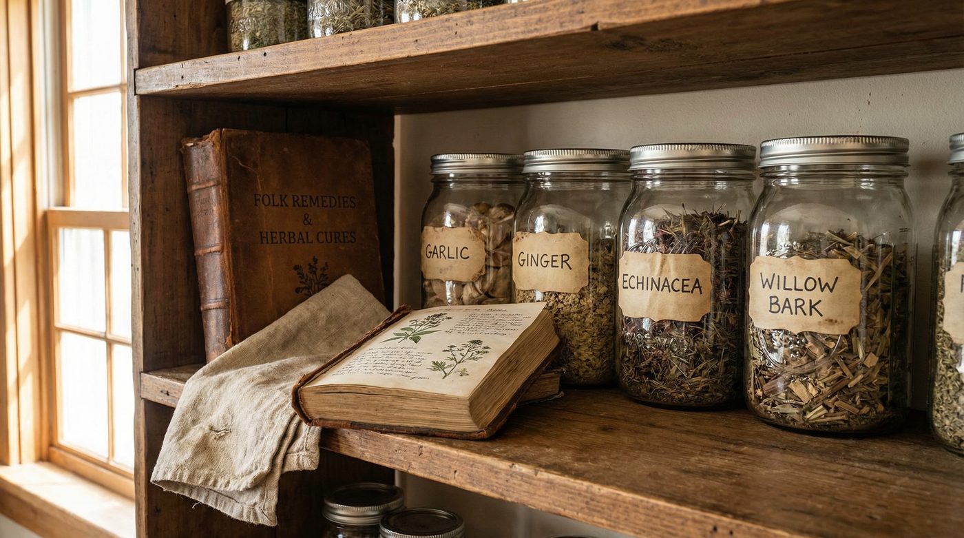 Homestead medicine cabinet with mason jars of dried herbs including garlic, ginger, echinacea, and willow bark with a folk remedies book