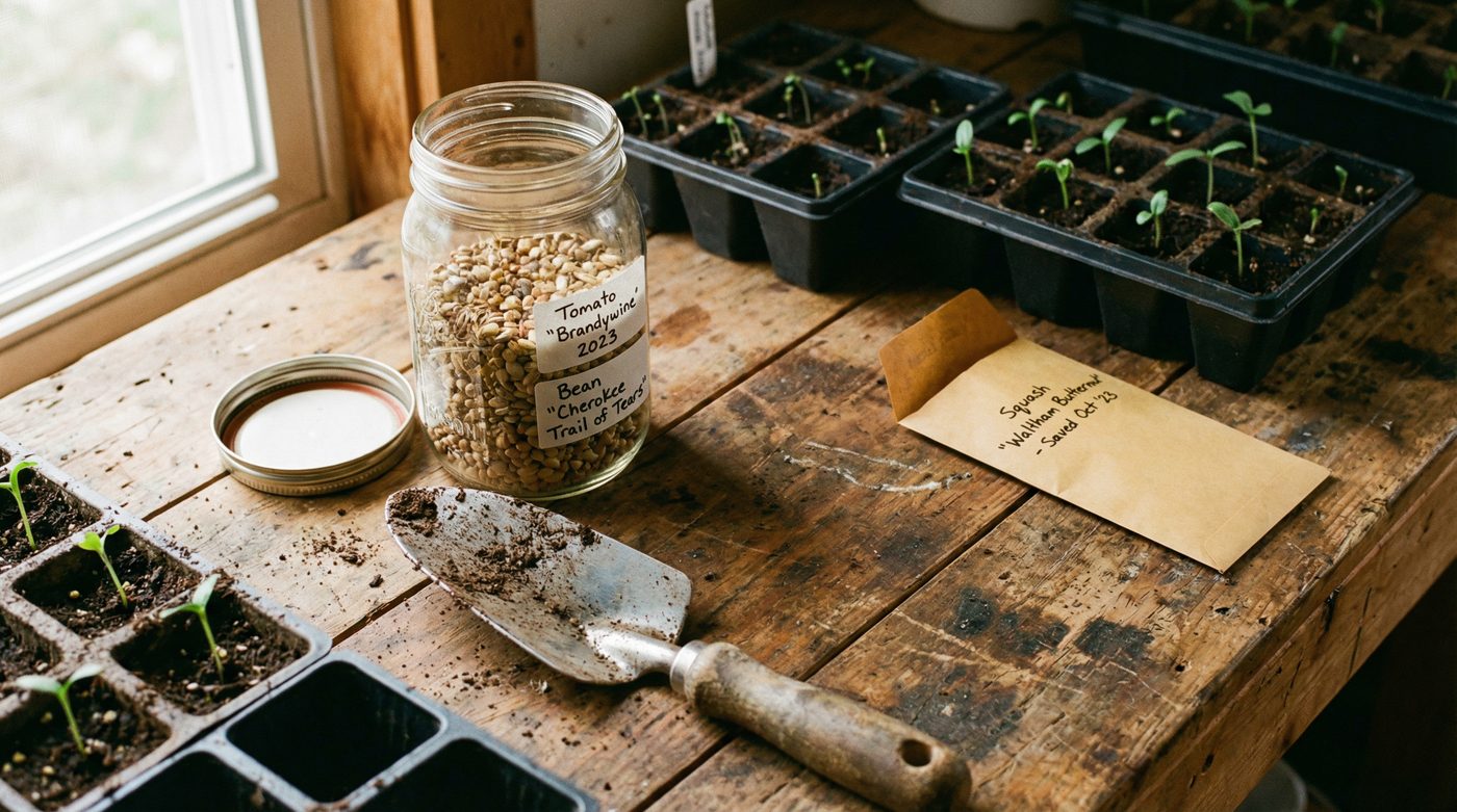 Heirloom seeds in mason jars on a homestead workbench with seed starting trays