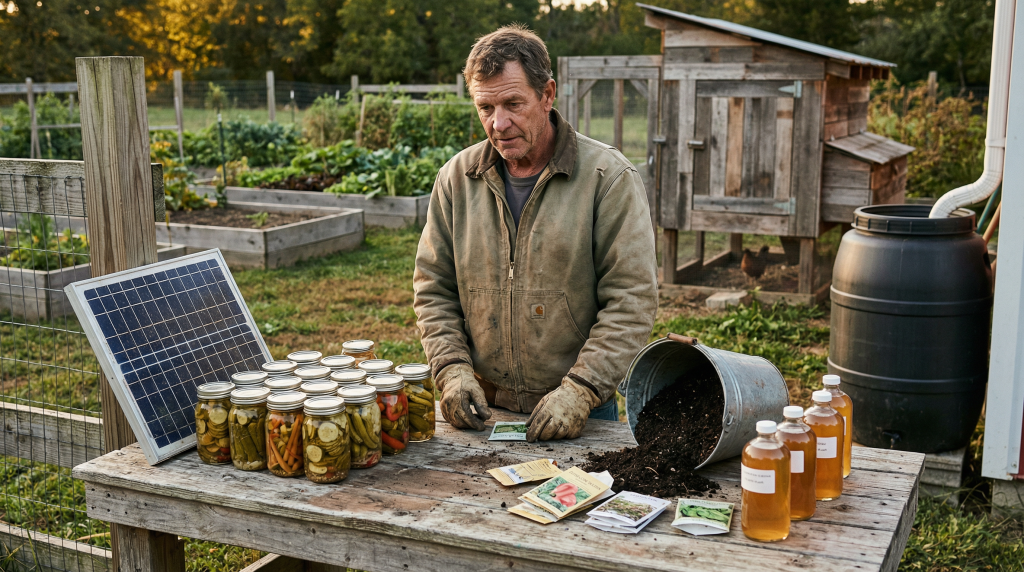 Homesteader at workbench with mason jars, solar panel, compost, and seeds — real wealth is what you can grow, build, and fix