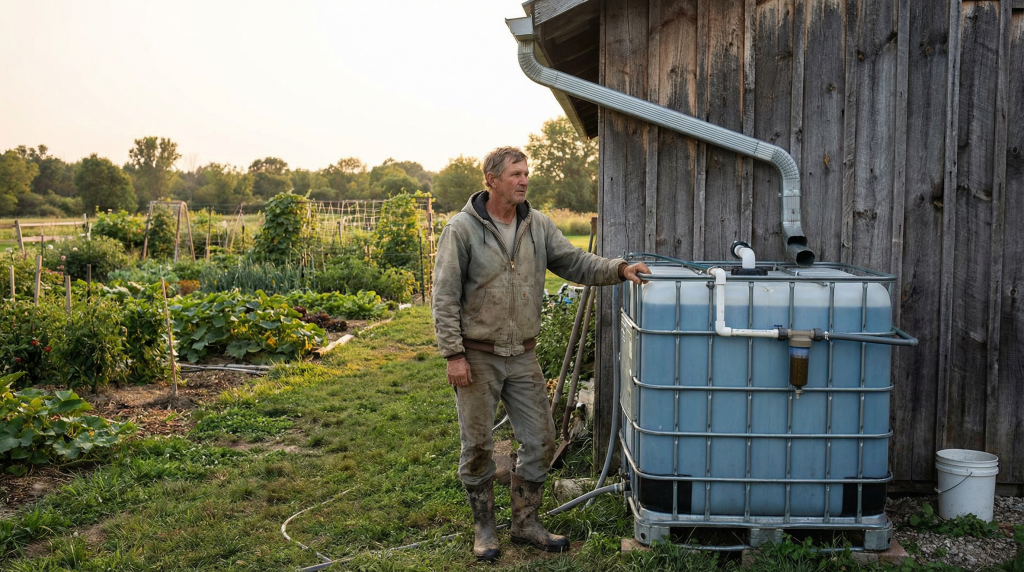 Homesteader standing next to IBC tote rainwater collection system connected to barn gutter
