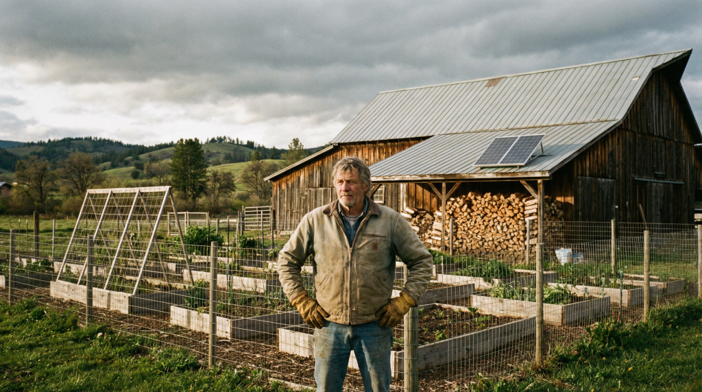 Homesteader standing in front of raised beds, wood pile, and solar panel on barn — self-sufficient homestead