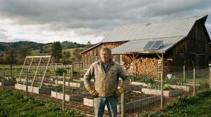 Homesteader standing in front of raised beds, wood pile, and solar panel on barn — self-sufficient homestead