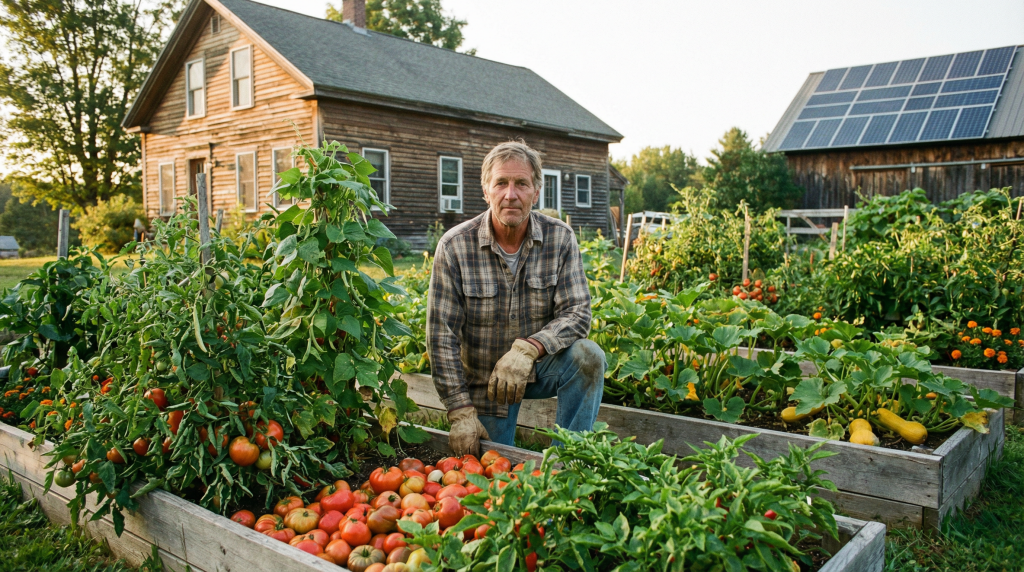 Homesteader tending raised bed vegetable garden with solar panels visible on barn roof — self-sufficient homestead
