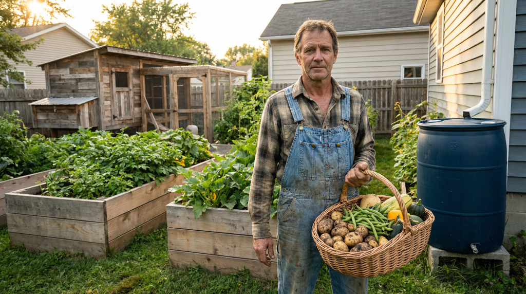 Homesteader standing in productive backyard garden with raised beds, chicken coop, and rain barrel at golden hour